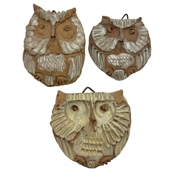 3 Handmade Art Pottery Owl Wall Hangings Rustic Textures Natural Tones Signed - Picture 1 of 10